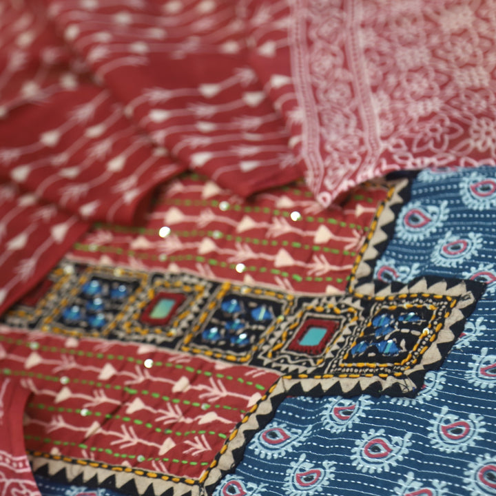 Ruhani Denim Blue Ajrak Print Cotton Top With Printed Dupatta