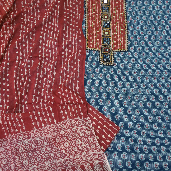 Ruhani Denim Blue Ajrak Print Cotton Top With Printed Dupatta