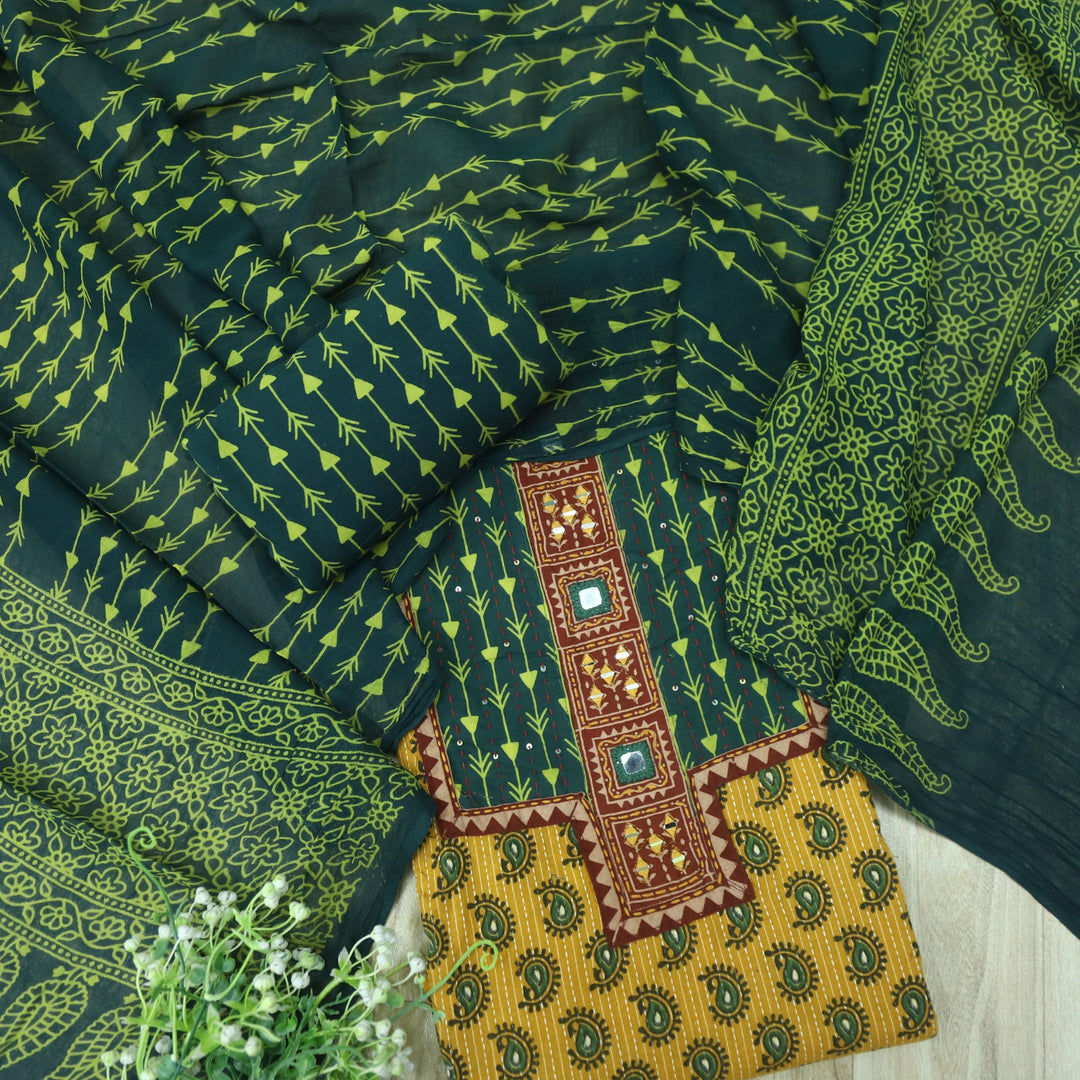 Ruhani Sunshine Yellow Ajrak Print Cotton Top With Printed Dupatta