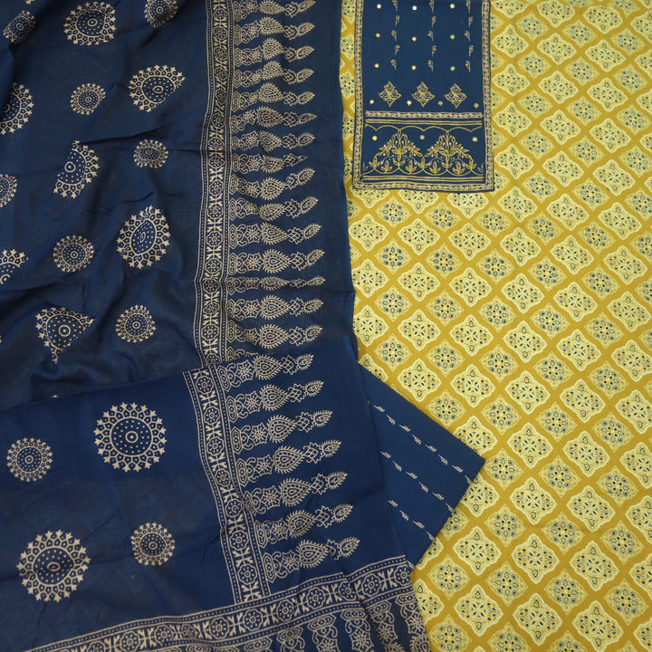 Sanak Canary Yellow Thread Work Neck Ajrak Printed Cotton Suit Set