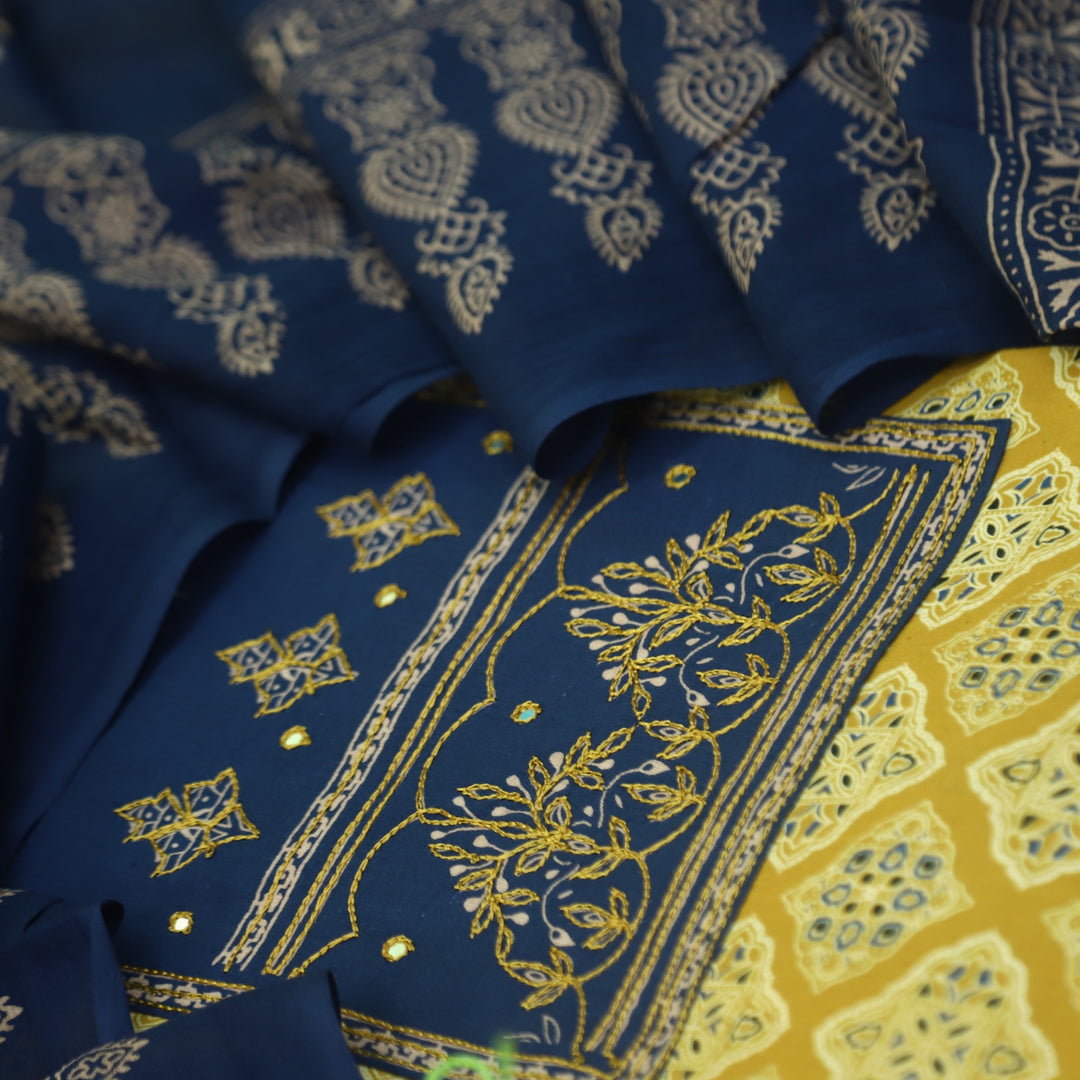 Sanak Canary Yellow Thread Work Neck Ajrak Printed Cotton Suit Set