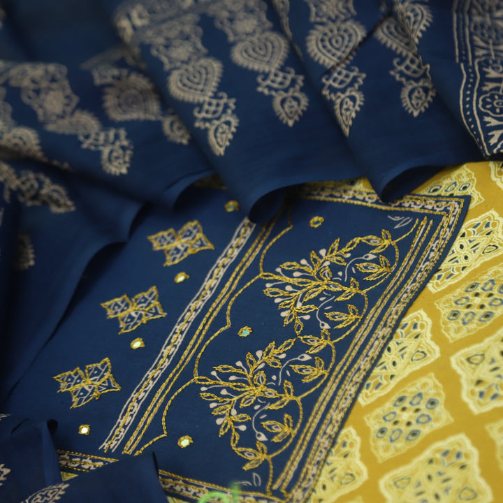 Sanak Canary Yellow Thread Work Neck Ajrak Printed Cotton Suit Set
