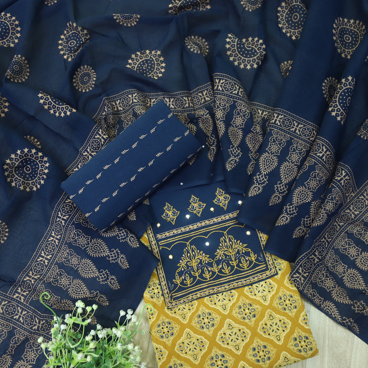 Sanak Canary Yellow Thread Work Neck Ajrak Printed Cotton Suit Set