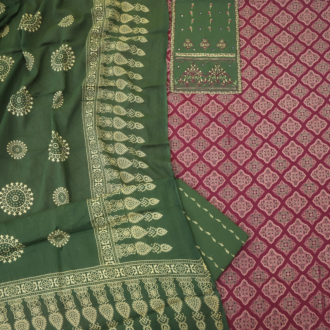 Sanak Magenta Red Thread Work Neck Ajrak Printed Cotton Suit Set