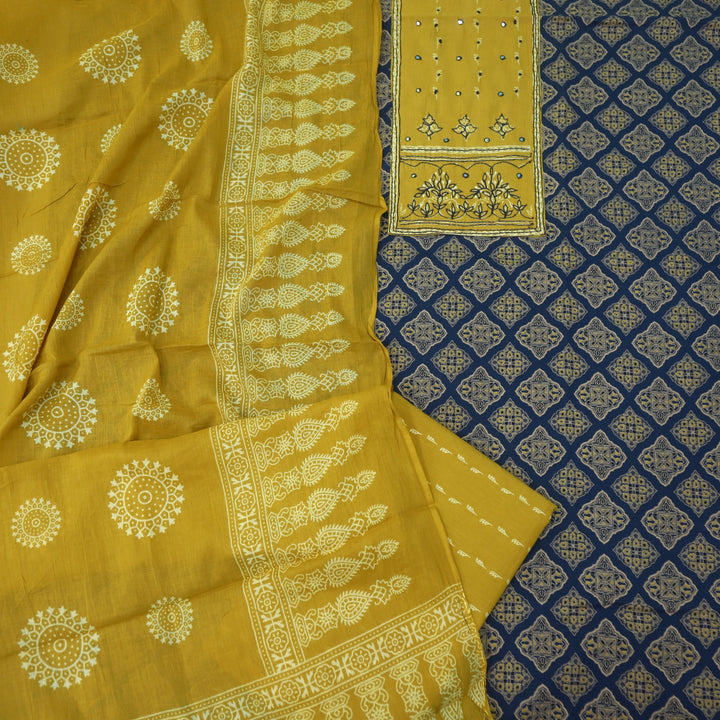 Sanak Indigo Blue Thread Work Neck Ajrak Printed Cotton Suit Set
