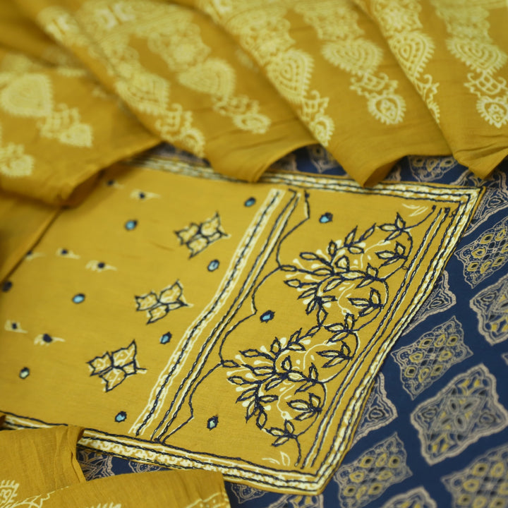 Sanak Indigo Blue Thread Work Neck Ajrak Printed Cotton Suit Set