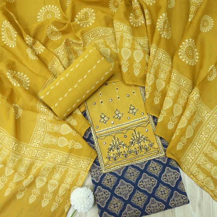 Sanak Indigo Blue Thread Work Neck Ajrak Printed Cotton Suit Set