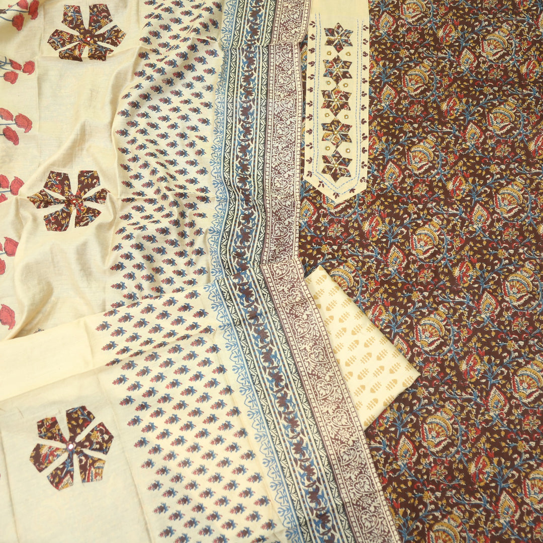 Jhanjhar Maroon Red Patch Work Kalamkari Printed Cotton Suit Set