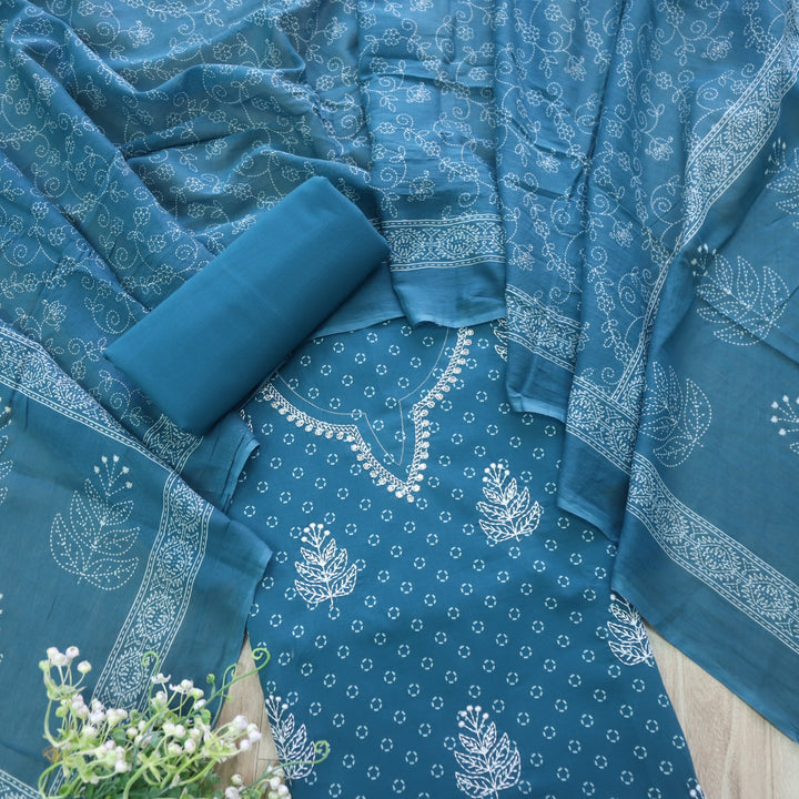 Rivaish Cerulean Blue Thread Neck Work Cotton Suit Set