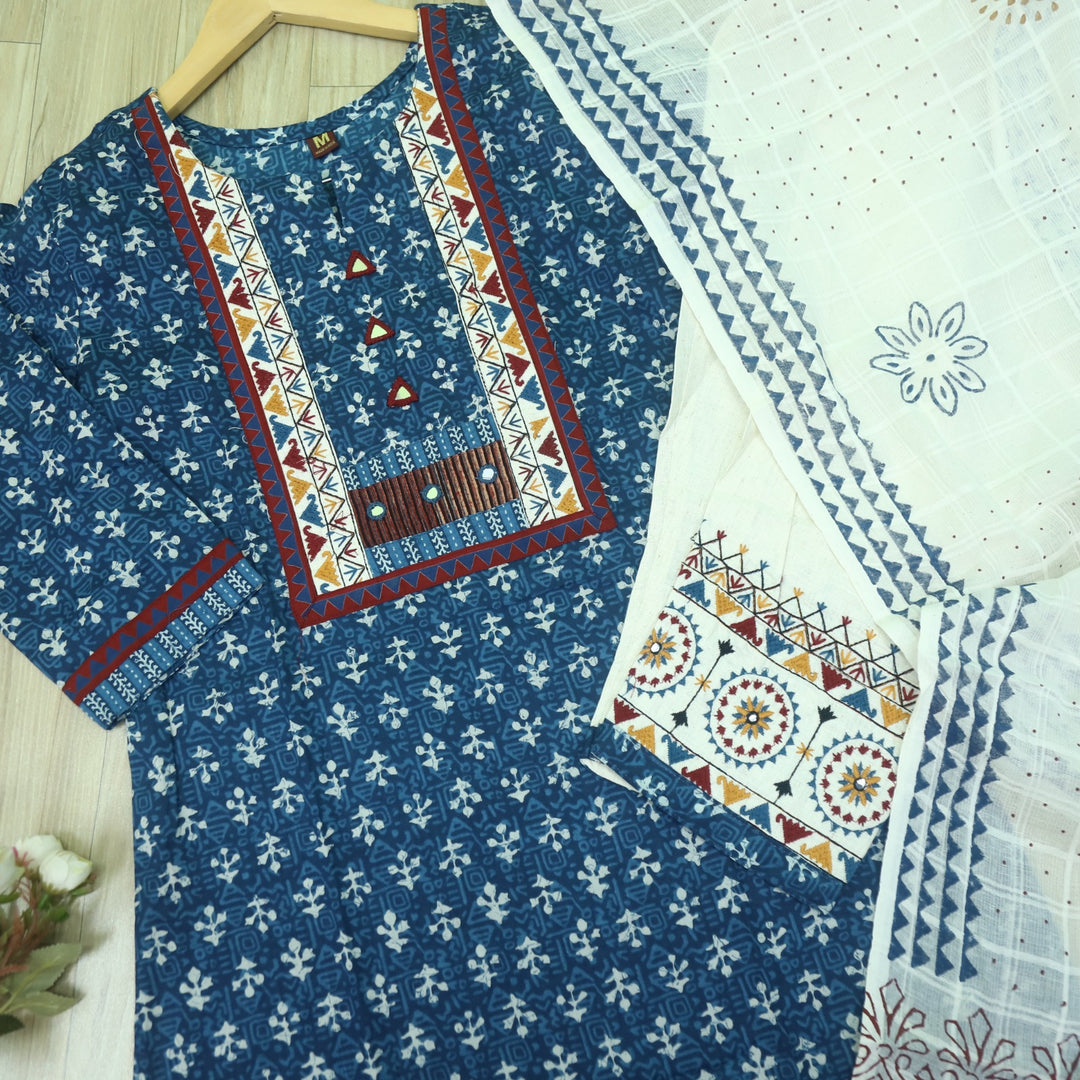 Ghoomar Indigo Blue Kutch Embroidery Neck Work Print Cotton 3 Piece Set D2