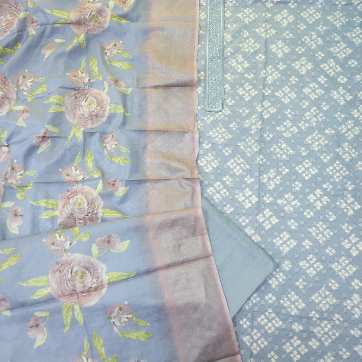 Narazzi Lavish Lavender Patch Lace Work Printed Hakoba Cotton Suit Set