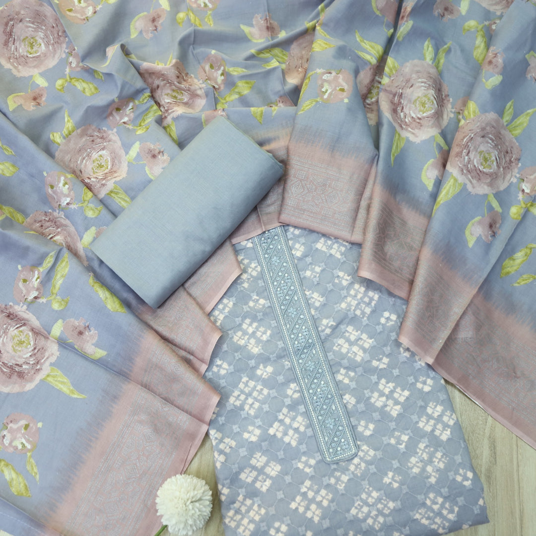 Narazzi Lavish Lavender Patch Lace Work Printed Hakoba Cotton Suit Set