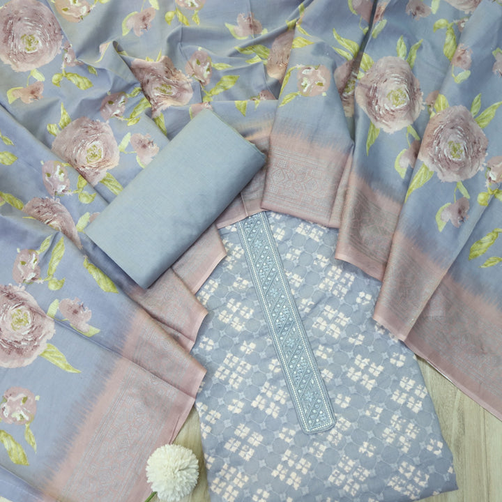 Narazzi Lavish Lavender Patch Lace Work Printed Hakoba Cotton Suit Set