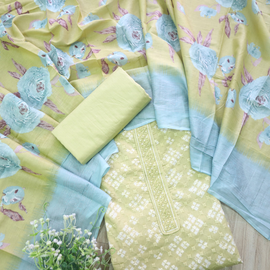 Narazzi Mintish Yellow Patch Lace Work Printed Hakoba Cotton Suit Set