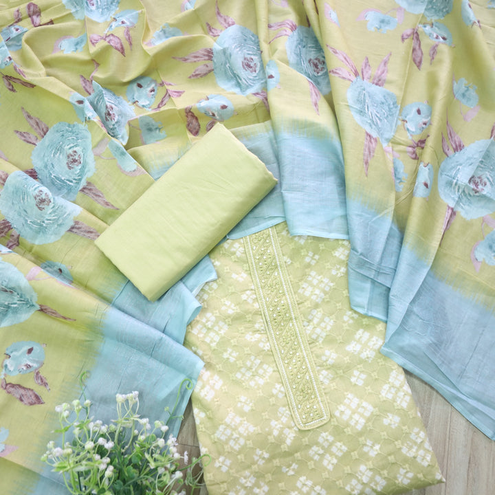 Narazzi Mintish Yellow Patch Lace Work Printed Hakoba Cotton Suit Set