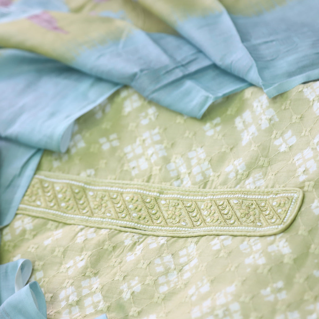 Narazzi Mintish Yellow Patch Lace Work Printed Hakoba Cotton Suit Set
