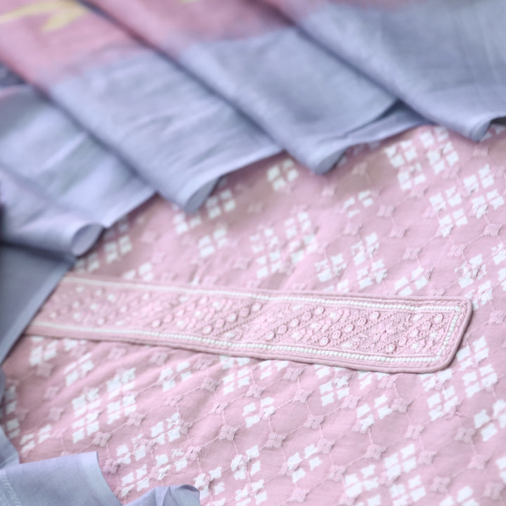 Narazzi Mauve Pink Patch Lace Work Printed Hakoba Cotton Suit Set