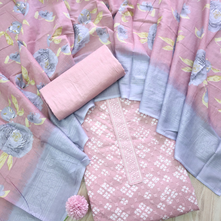 Narazzi Mauve Pink Patch Lace Work Printed Hakoba Cotton Suit Set