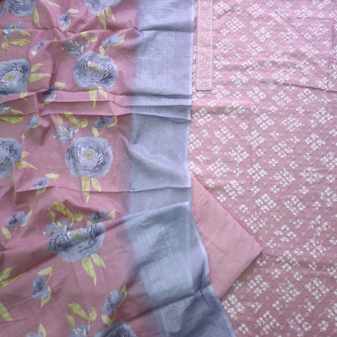 Narazzi Mauve Pink Patch Lace Work Printed Hakoba Cotton Suit Set