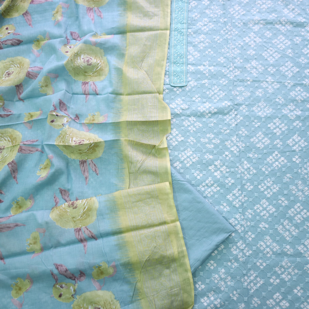 Narazzi Aqua Blue Patch Lace Work Printed Hakoba Cotton Suit Set