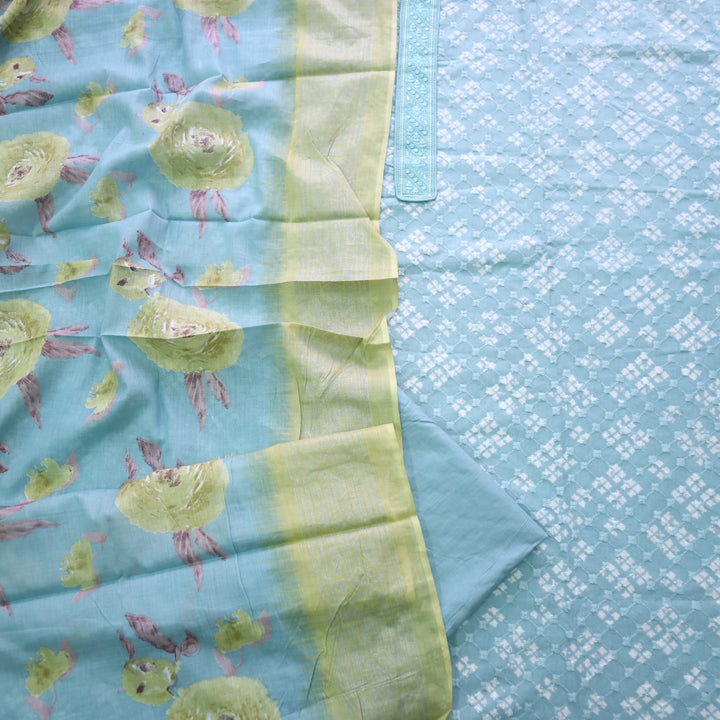 Narazzi Aqua Blue Patch Lace Work Printed Hakoba Cotton Suit Set