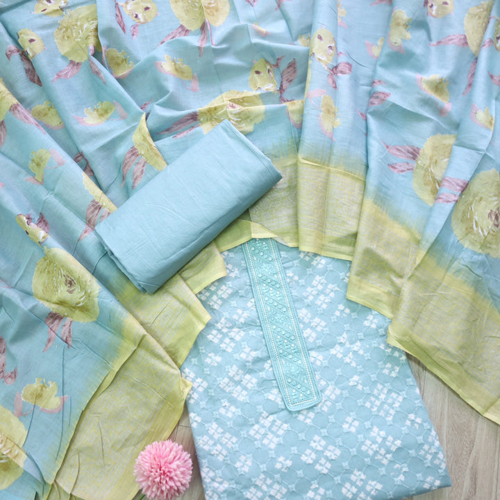 Narazzi Aqua Blue Patch Lace Work Printed Hakoba Cotton Suit Set