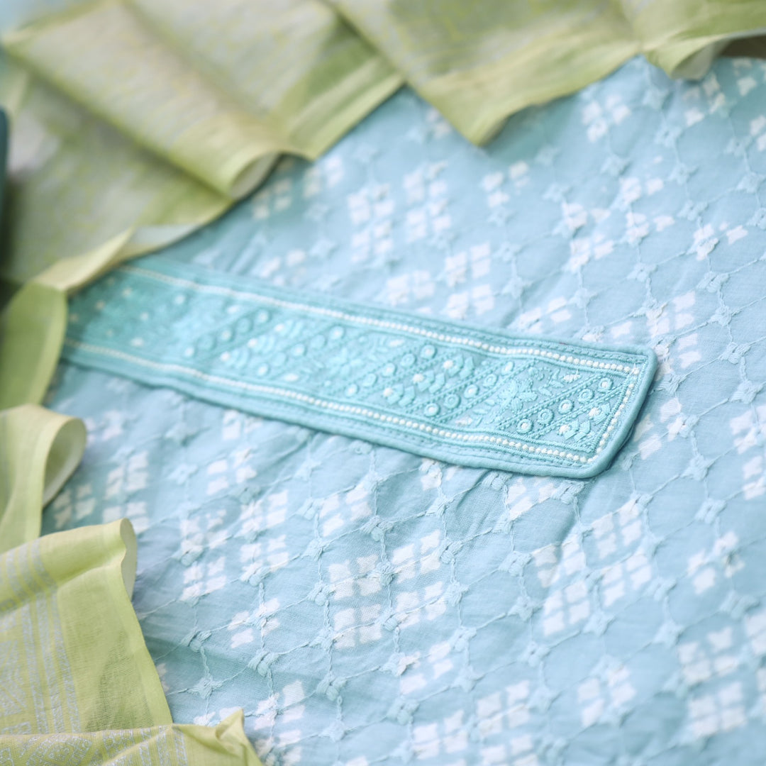 Narazzi Aqua Blue Patch Lace Work Printed Hakoba Cotton Suit Set