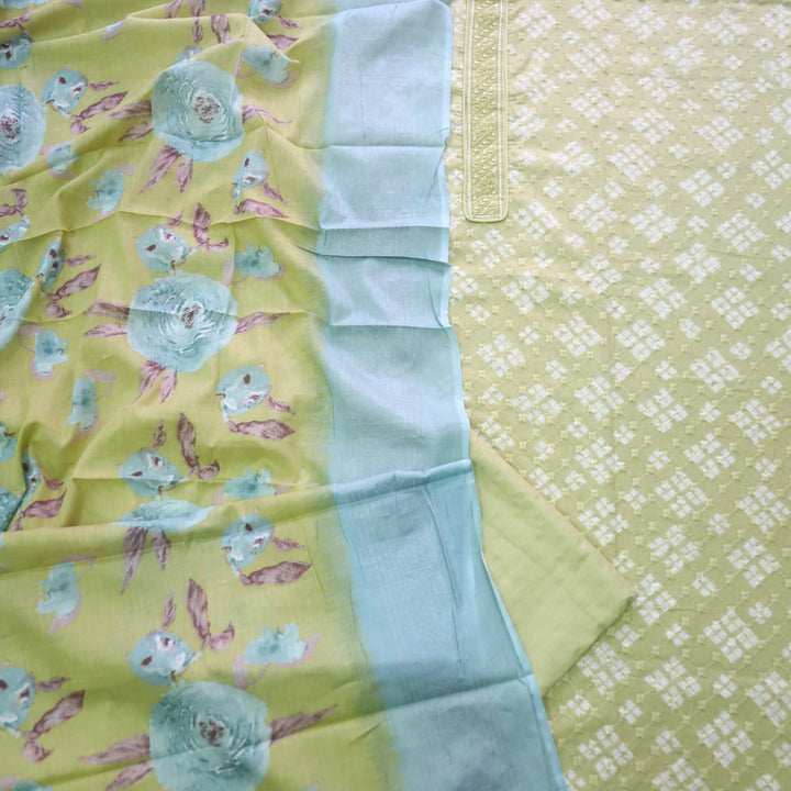 Narazzi Mintish Yellow Patch Lace Work Printed Hakoba Cotton Suit Set