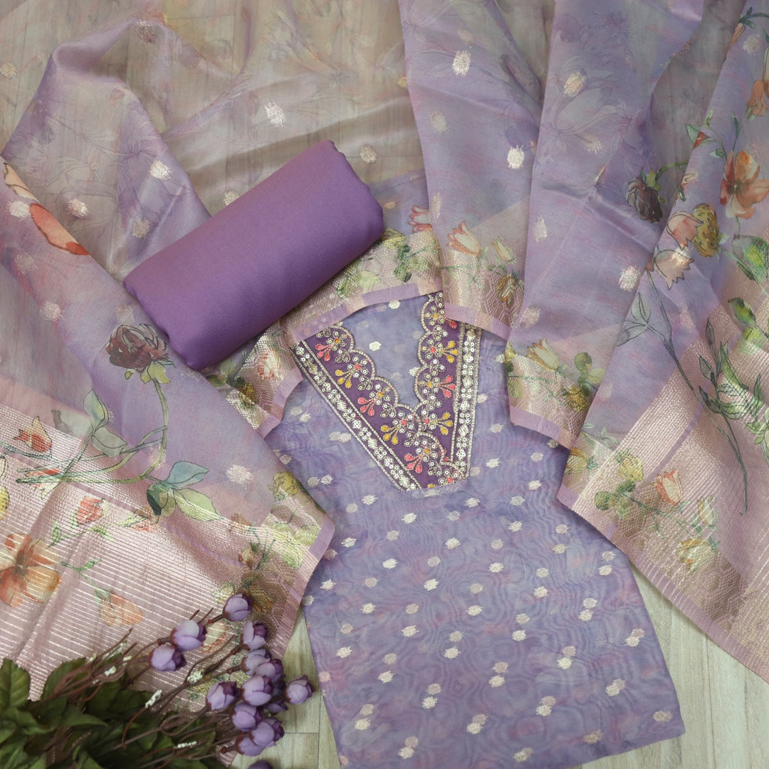 Aafreen Lavish Lavender V Neck Lace Work Zari Work Organza Suit Set