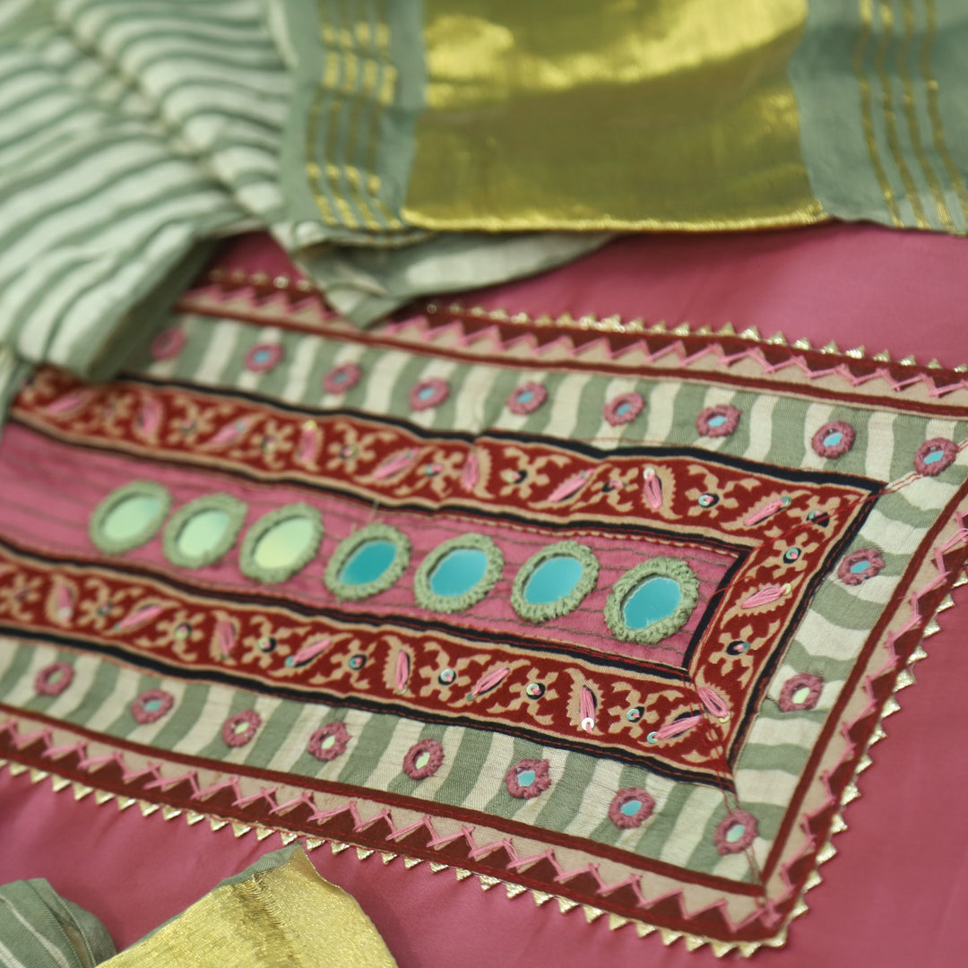 Farnaz Blush Pink Mirror Work Glazed Cotton Top with Gajji Silk Dupatta