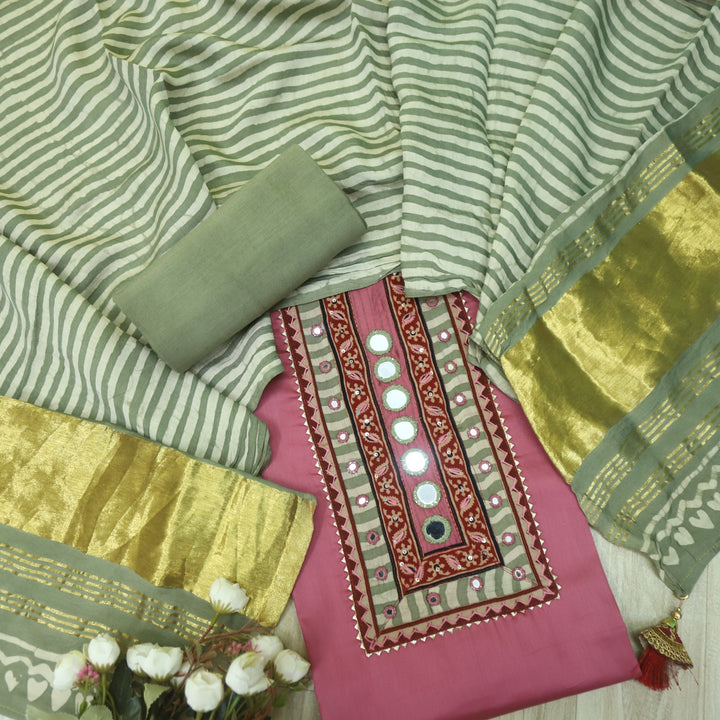 Farnaz Blush Pink Mirror Work Glazed Cotton Top with Gajji Silk Dupatta