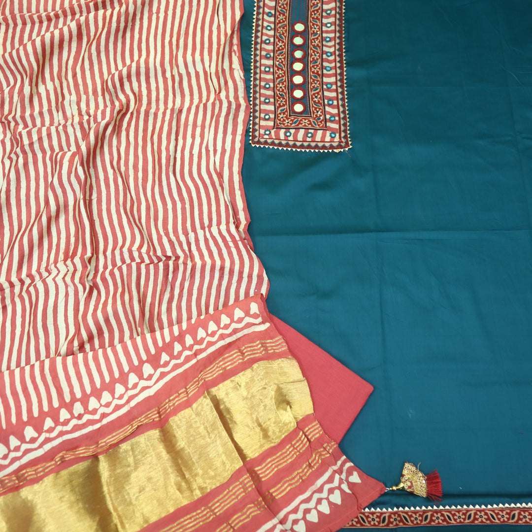 Farnaz Navy Blue Mirror Work Glazed Cotton Top with Gajji Silk Dupatta