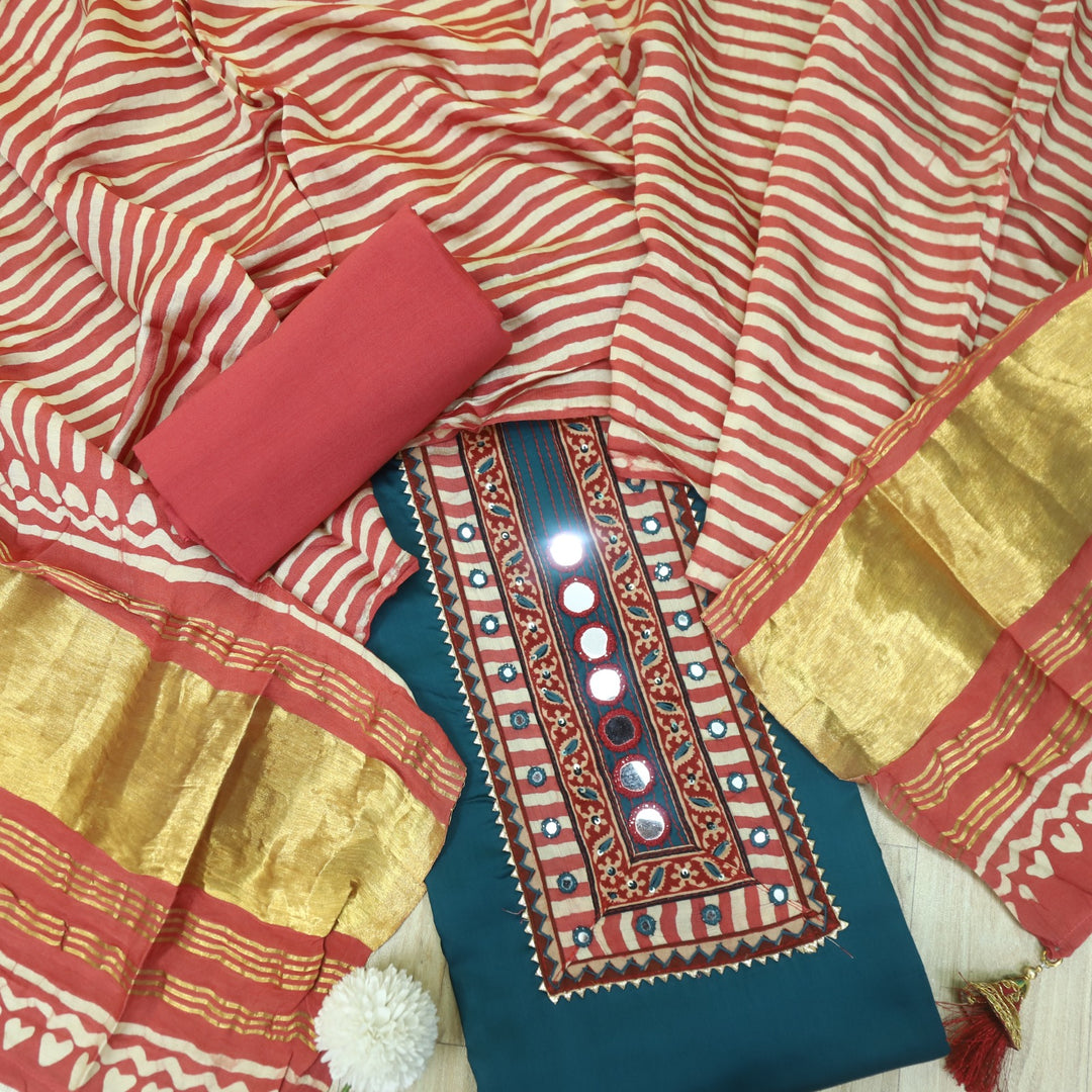 Farnaz Navy Blue Mirror Work Glazed Cotton Top with Gajji Silk Dupatta