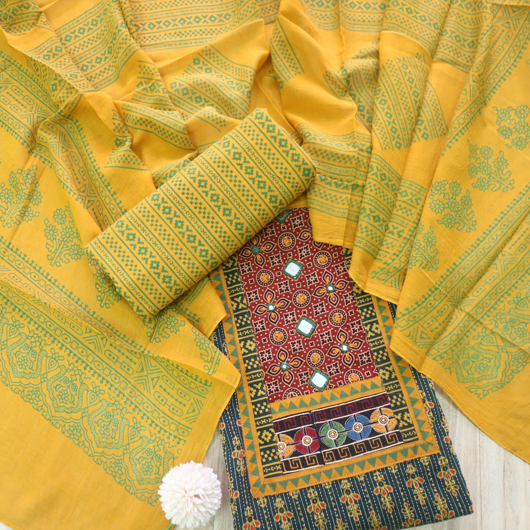 Ruhani Grass Green Ajrak Print Mirror Work Cotton Top With Printed Dupatta