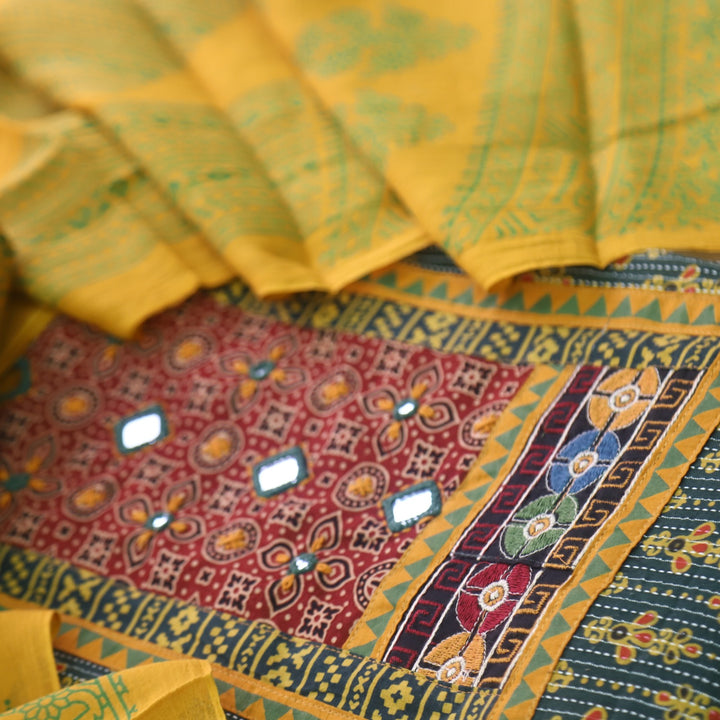 Ruhani Grass Green Ajrak Print Mirror Work Cotton Top With Printed Dupatta