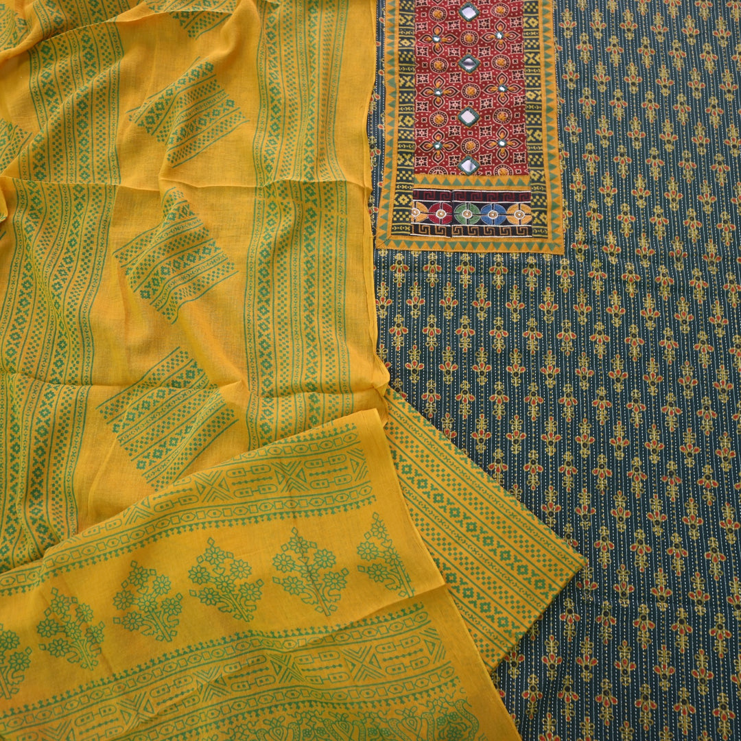 Ruhani Grass Green Ajrak Print Mirror Work Cotton Top With Printed Dupatta