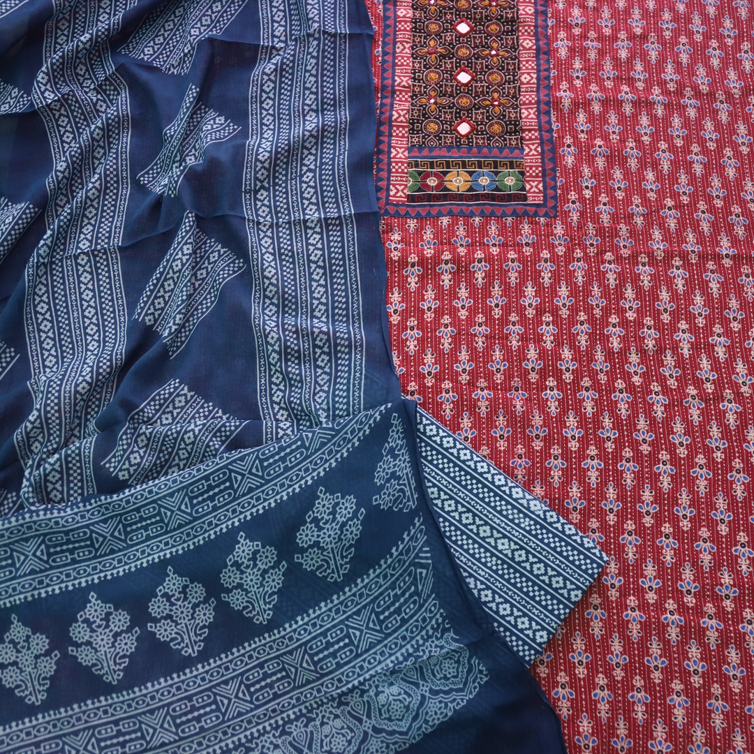Ruhani Cherry Red Ajrak Print Mirror Work Cotton Top With Printed Dupatta