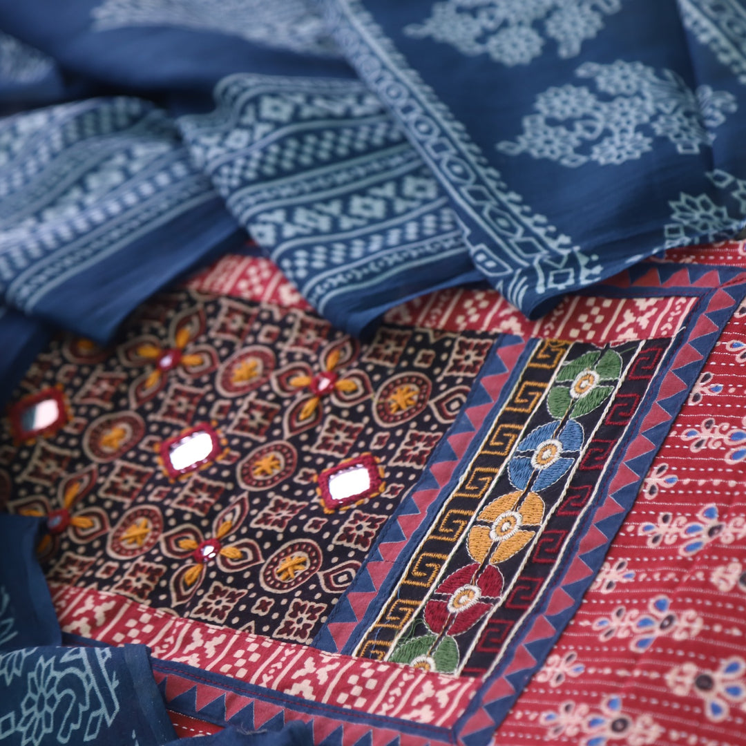 Ruhani Cherry Red Ajrak Print Mirror Work Cotton Top With Printed Dupatta