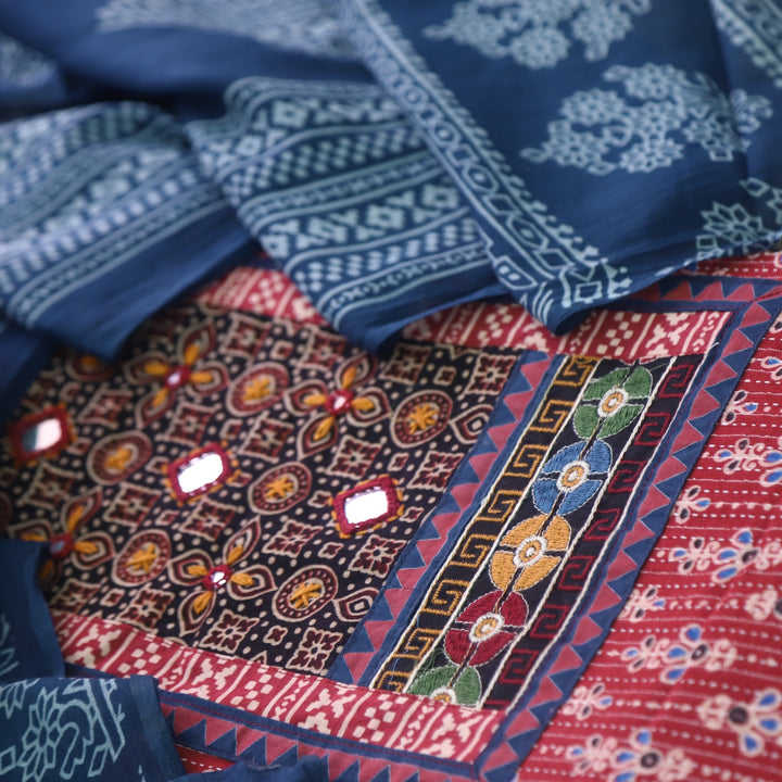 Ruhani Cherry Red Ajrak Print Mirror Work Cotton Top With Printed Dupatta