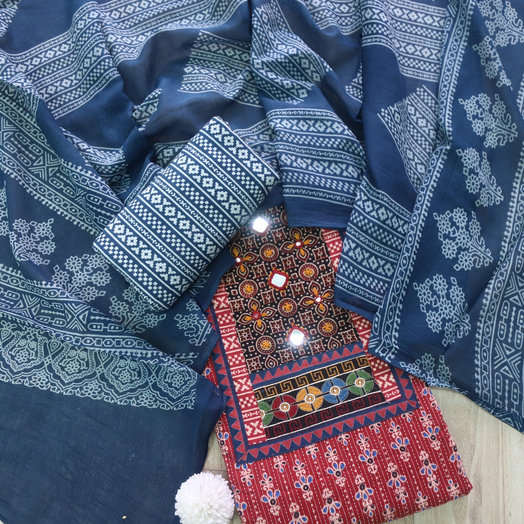 Ruhani Cherry Red Ajrak Print Mirror Work Cotton Top With Printed Dupatta
