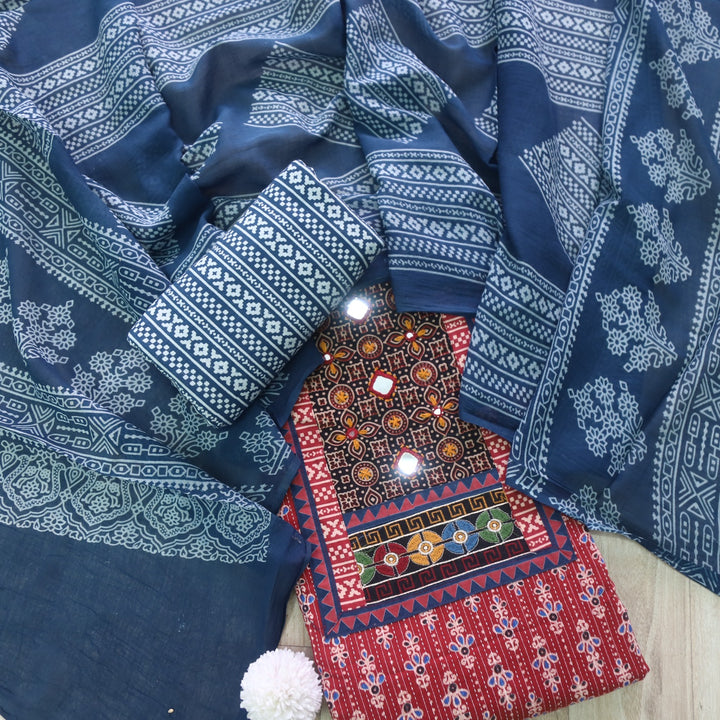 Ruhani Cherry Red Ajrak Print Mirror Work Cotton Top With Printed Dupatta