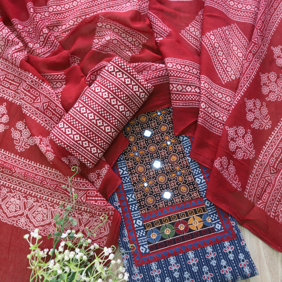 Ruhani Denim Blue Ajrak Print Mirror Work Cotton Top With Printed Dupatta
