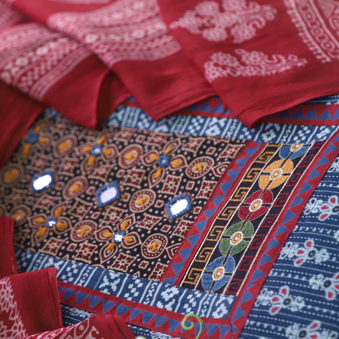 Ruhani Denim Blue Ajrak Print Mirror Work Cotton Top With Printed Dupatta