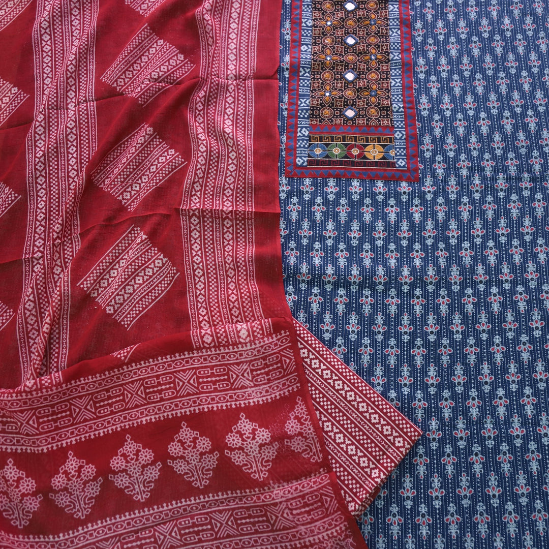 Ruhani Denim Blue Ajrak Print Mirror Work Cotton Top With Printed Dupatta