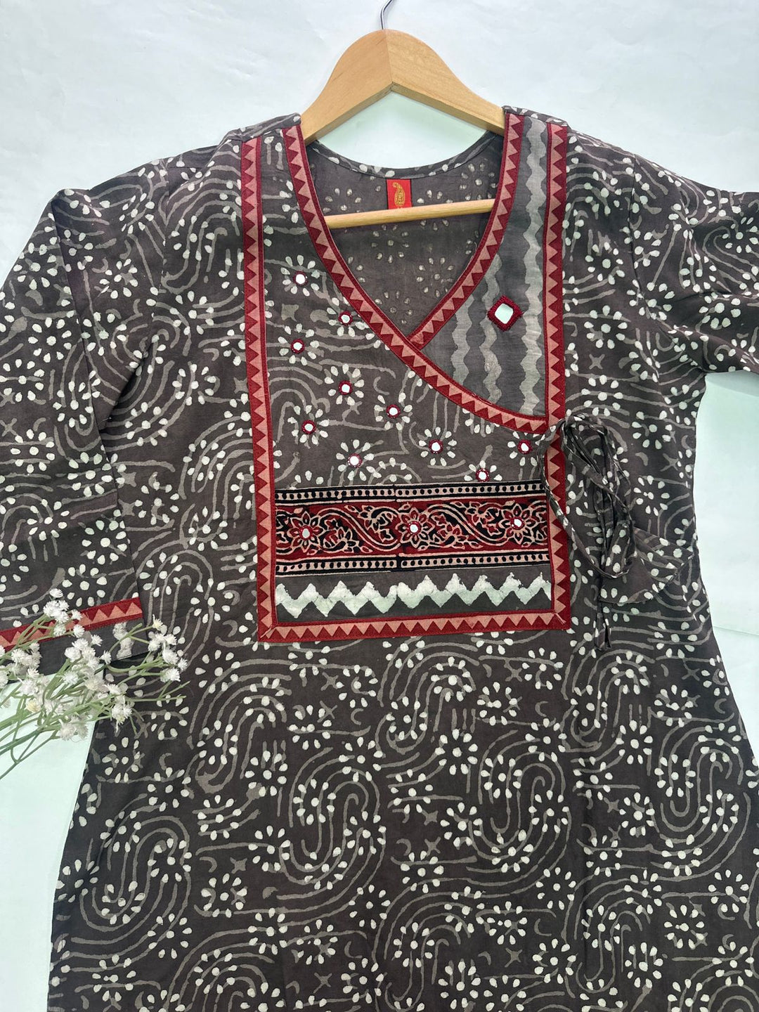 Ghoomar Latte Brown Kutch Mirror Neck Work Angrakha Cotton Kurti-D5
