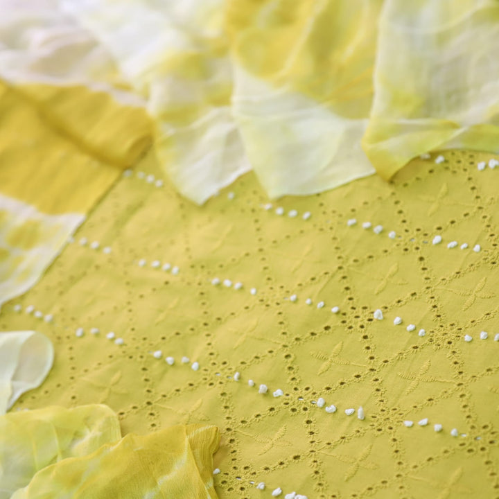 Zehnaseeb Mustard Yellow French Work Schiffli Cotton Suit Set