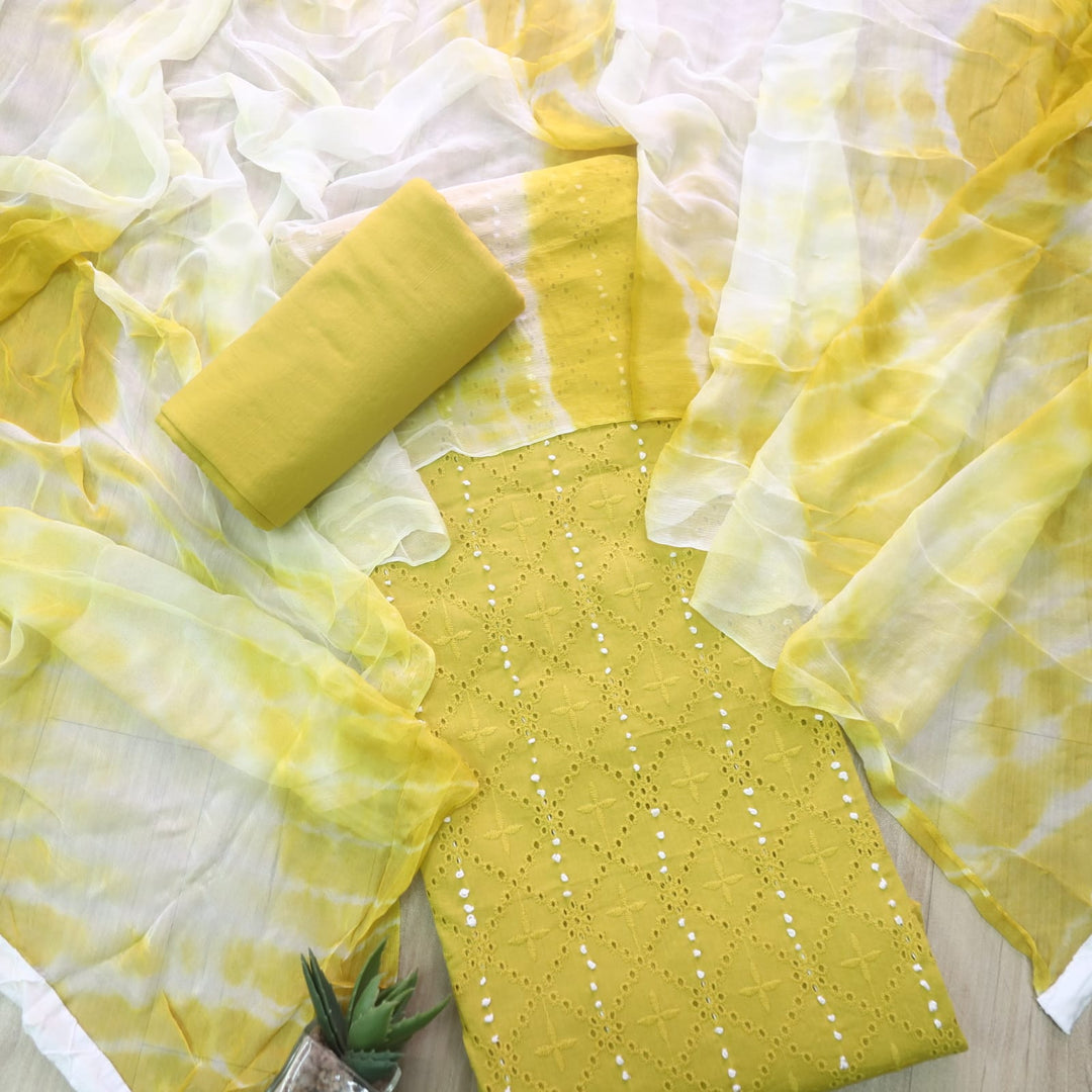 Zehnaseeb Mustard Yellow French Work Schiffli Cotton Suit Set