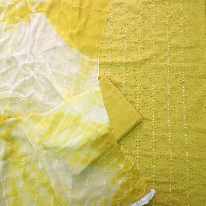 Zehnaseeb Mustard Yellow French Work Schiffli Cotton Suit Set