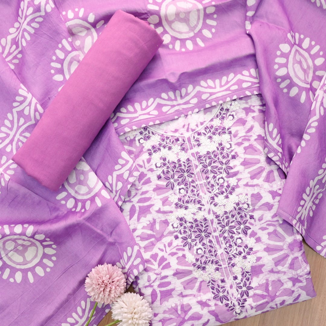 Sadhna Orchid Purple Thread Embroidered Neck Batik Print Cotton Suit Set