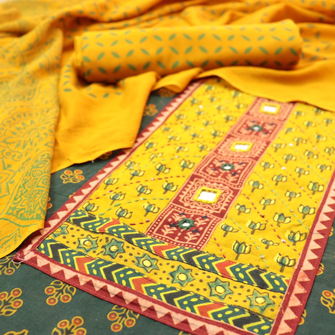 Chandni Grass Green Lotus Print Patch with Mirror Work Cotton Suit Set